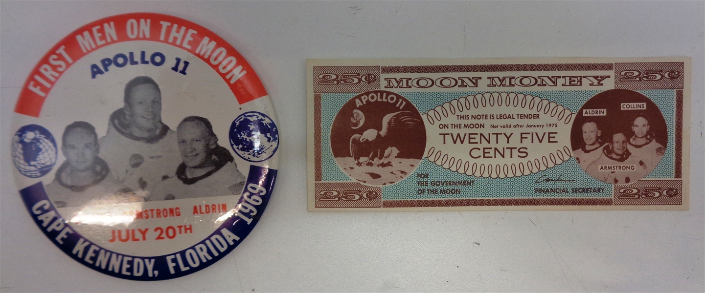 1969 Moon Landing 4" Button and "Moon Money" Apollo 11
