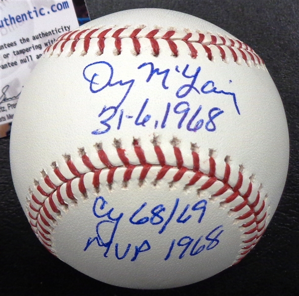 Denny McLain Signed Official MLB Baseball w/31-6 1968, Cy 68-69, MVP 68