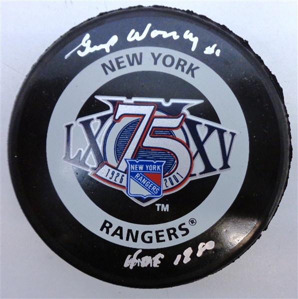 Gump Worsley Autographed Rangers 75th Game Puck w/ HOF