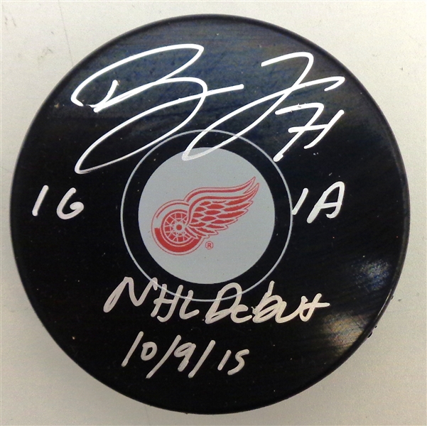 Dylan Larkin Autographed Red Wings Puck w/ NHL Debut, 1 G 1 A