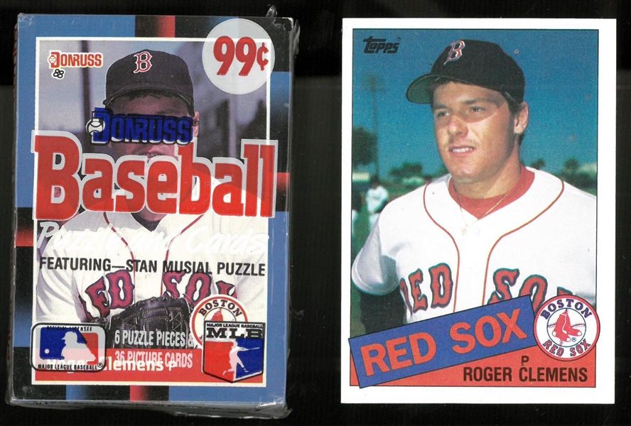 Roger Clemens Rookie Card & Card on top of Cello Pack