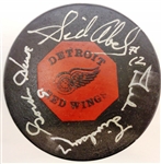Production Line Autographed Vintage Red Wings Game Puck - Howe/Abel/Lindsay