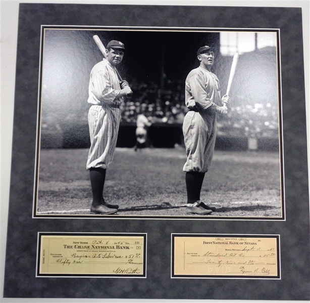 Babe Ruth & Ty Cobb Circa 1920 16x20 Photo Matted With Copies of Checks