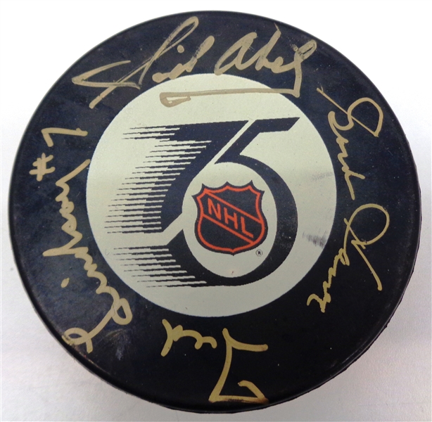 Production Line Autographed NHL 75th Game Puck - Howe/Lindsay/Abel