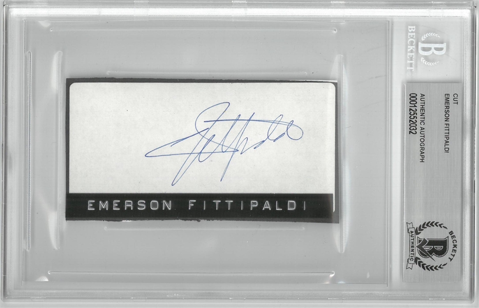 Emerson Fittipaldi Autographed 2x4 Cut