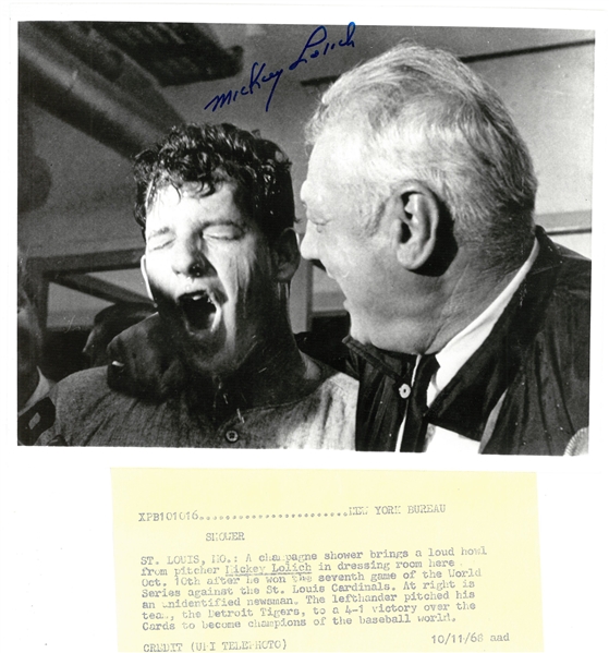 Mickey Lolich Autographed Press Photo - Champagne
