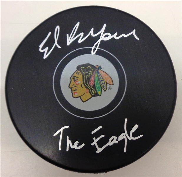Ed Belfour Autographed Blackhawks Puck w/ The Eagle