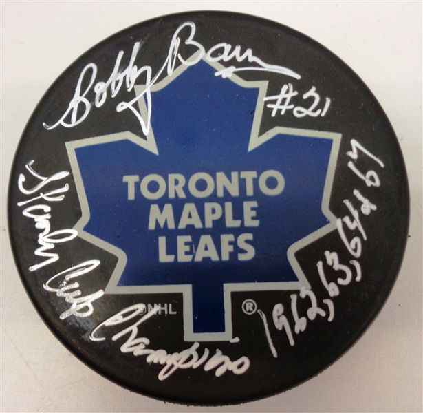 Bobby Baun Autographed Maple Leafs Puck w/ Cup Years
