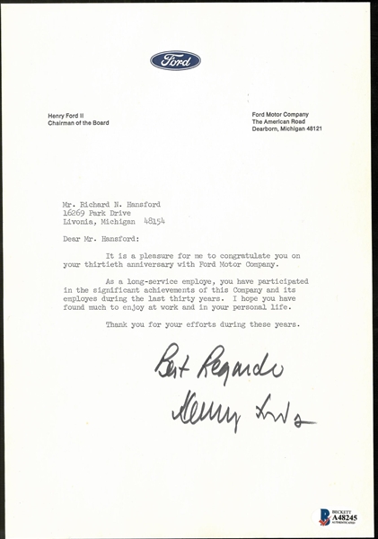 Henry Ford II Signed Letter