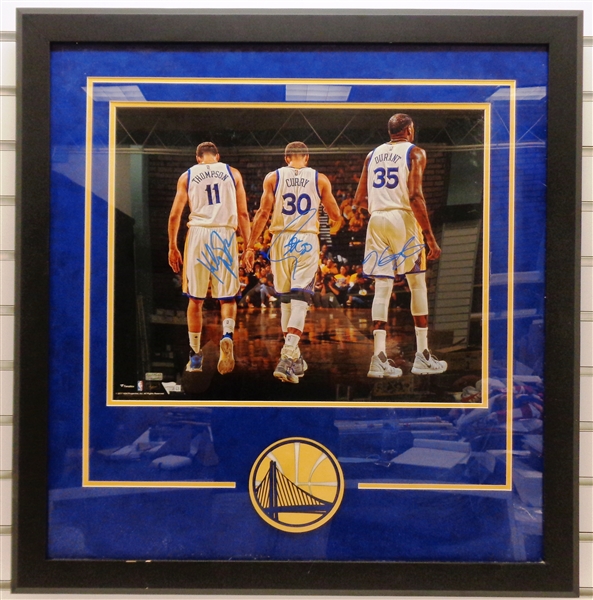 Warriors Framed 16x20 Signed by Thompson, Curry & Durant