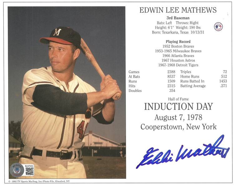 Eddie Mathews Autographed Induction 8x10