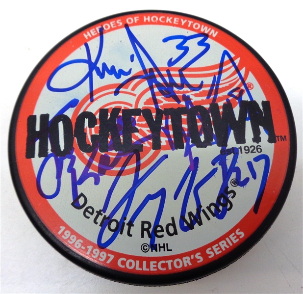 Grind Line Puck Signed by McCarty, Draper, Kocur, Maltby