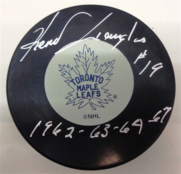 Kent Douglas Autographed Maple Leafs Puck w/ Cup Years
