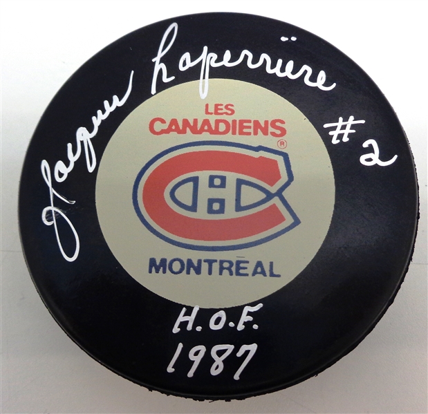 Jacques Laperriere Autographed Puck w/ HOF 1987