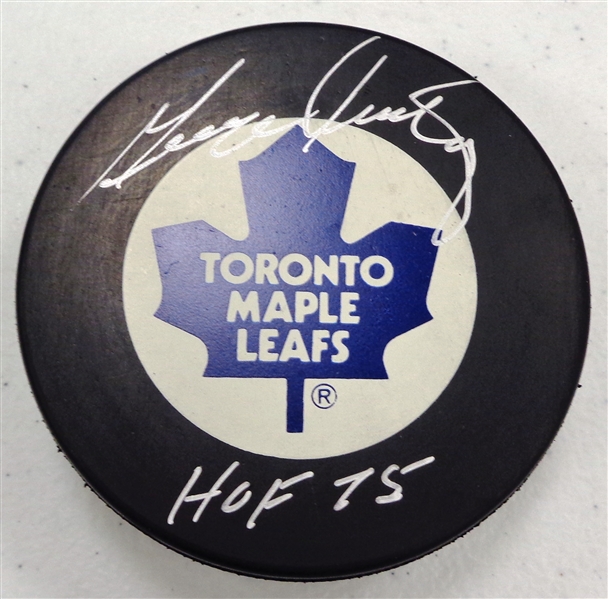 George Armstrong Autographed Leafs Puck w/ HOF 75