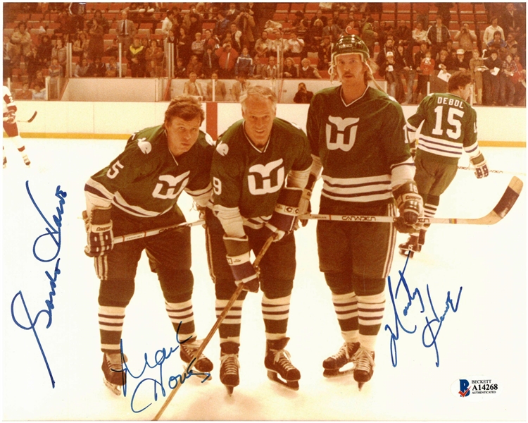 Mark, Marty and Gordie Howe Autographed Whalers 8x10 Color Photo