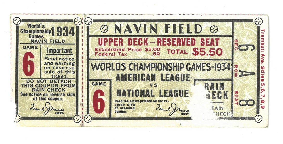 1934 World Series Game 6 Ticket Navin Field