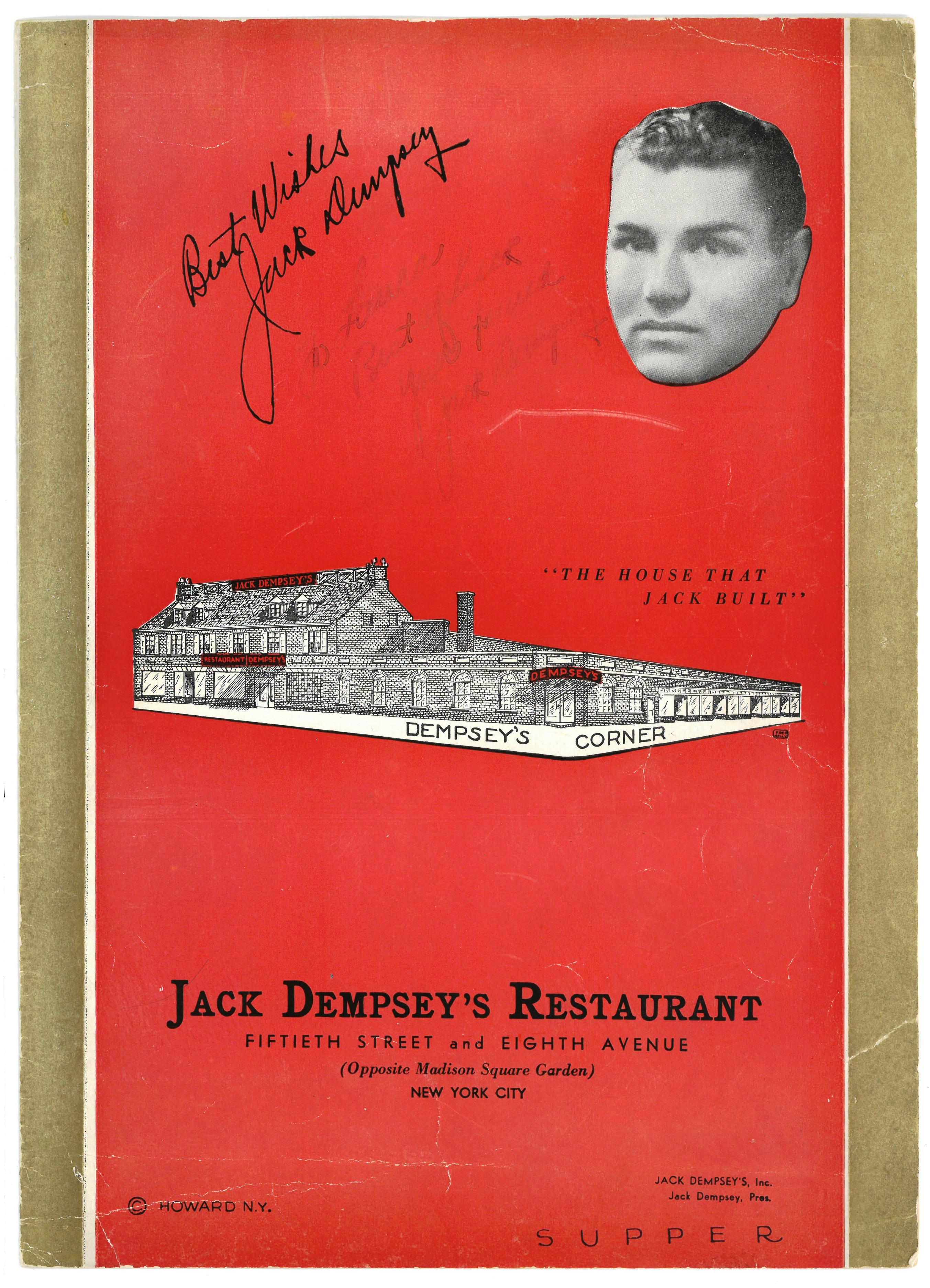 Lot Detail - Jack Dempsey Autographed Menu from his Restaurant