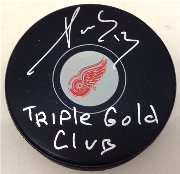 Pavel Datsyuk Autographed Red Wings Puck w/ Triple Gold Club