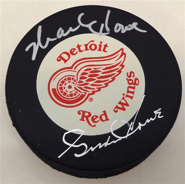 Gordie Howe & Mark Howe Autographed Red Wings Puck