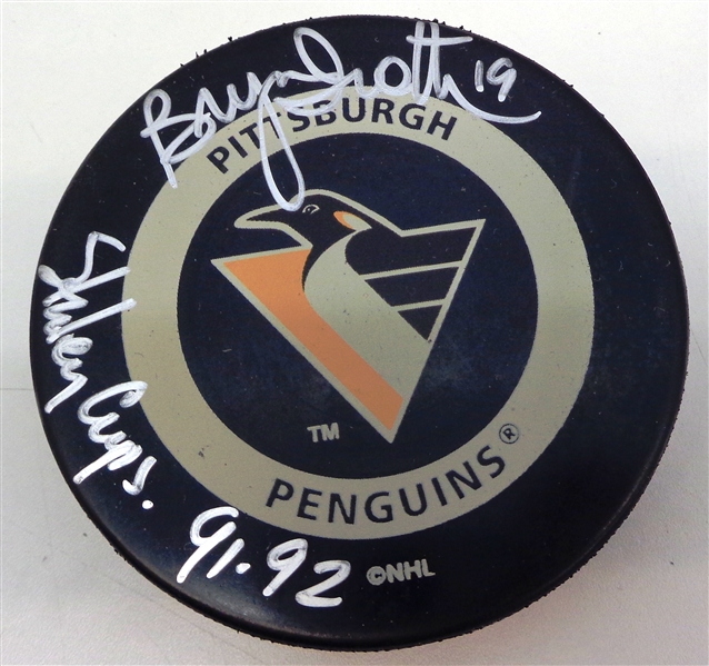 Bryan Trottier Autographed Pittsburgh Penguins Puck w/ Stanley Cups 91-92
