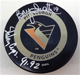 Bryan Trottier Autographed Pittsburgh Penguins Puck w/ Stanley Cups 91-92