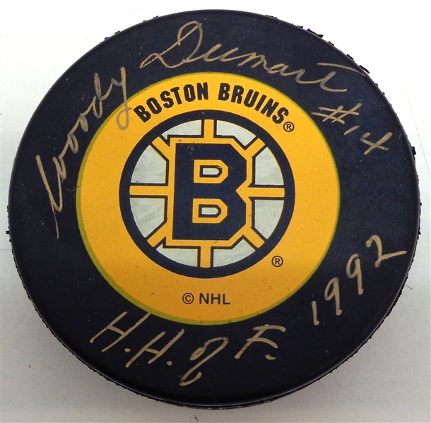 Woody Dumart Autographed Boston Bruins Puck w/ HHOF 1992