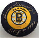 Woody Dumart Autographed Boston Bruins Puck w/ HHOF 1992