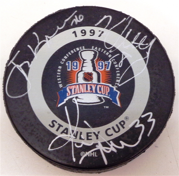 Grind Line Autographed 1997 Stanley Cup Game Puck (Kocur/Maltby/Draper)