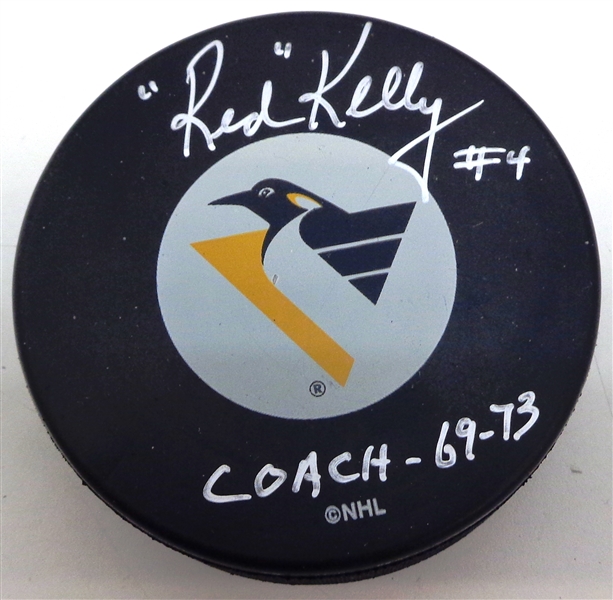 Red Kelly Autographed Pittsburgh Penguins Puck w/ Coach 69-73