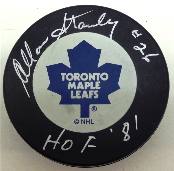 Allan Stanley Autographed Toronto Maple Leafs Puck w/ HOF 81