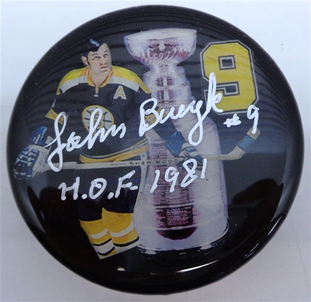 Johnny Bucyk Autographed Photo Puck w/ HOF 1981