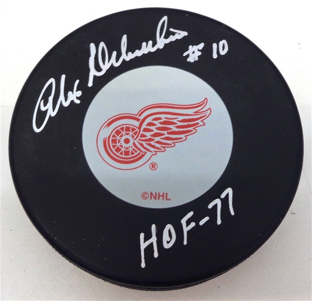 Alex Delvecchio Autographed Detroit Red Wings Puck w/ HOF 77