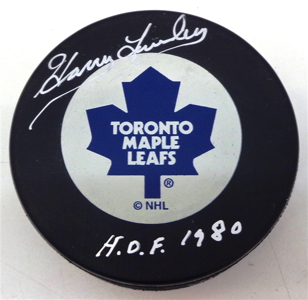 Harry Lumley Autographed Toronto Maple Leafs Puck w/ HOF 1980