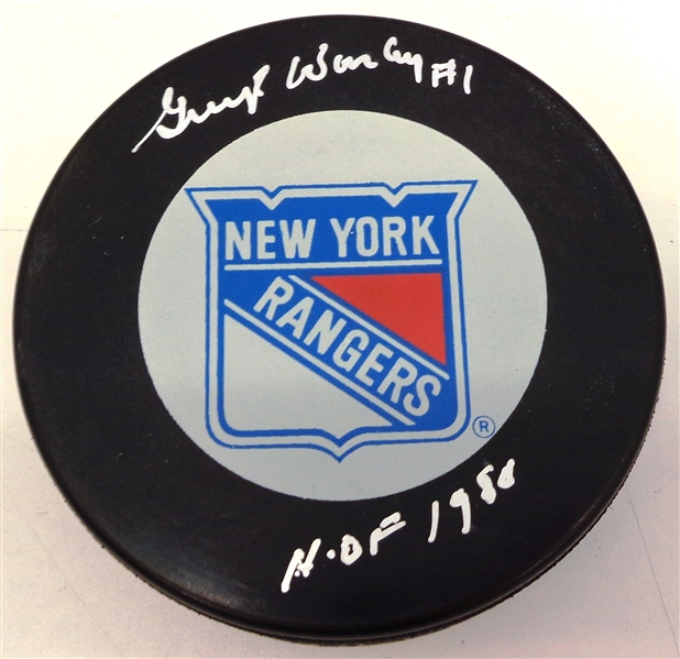 Gump Worsley Autographed New York Rangers Puck w/ HOF 1980
