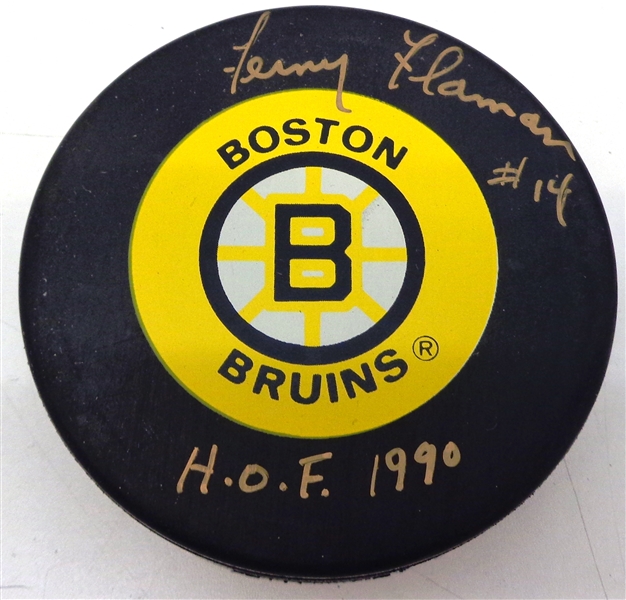 Fern Flaman Autographed Boston Bruins Puck w/ HOF 1990
