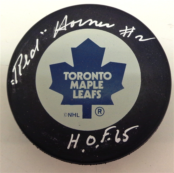 Red Horner Autographed Toronto Maple Leafs Puck w/ HOF 65