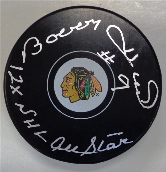 Bobby Hull Signed Chicago Blackhawks Logo Hockey Puck w/12x NHL All Star