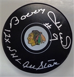 Bobby Hull Signed Chicago Blackhawks Logo Hockey Puck w/12x NHL All Star