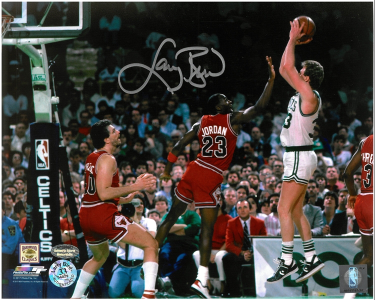 Larry Bird Signed Boston Celtics Shooting Over Michael Jordan 8x10 Photo