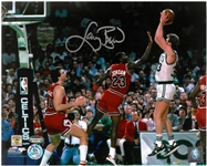 Larry Bird Signed Boston Celtics Shooting Over Michael Jordan 8x10 Photo