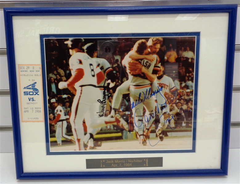 Morris No Hitter 8x10 Also Signed By Parrish/Bergman Framed with Ticket