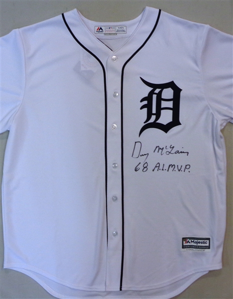 Denny McLain Signed Detroit Tigers White Majestic Replica Baseball Jersey w/68 AL MVP
