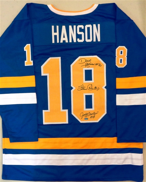 Hanson Brothers Signed Chiefs Blue Custom Slap Shot Jersey