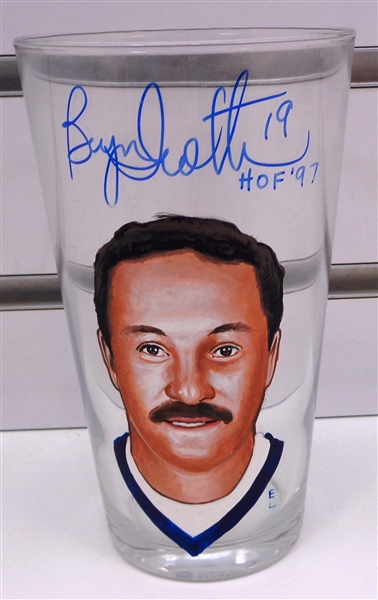 Bryan Trottier Autographed Hand Painted Pint Glass