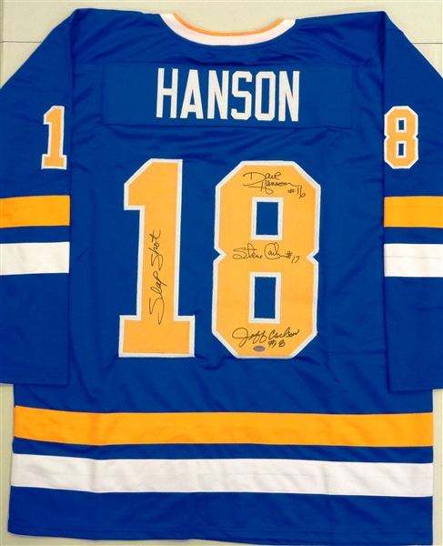 Hanson Brothers Signed Chiefs Blue Custom Chiefs Slap Shot Jersey