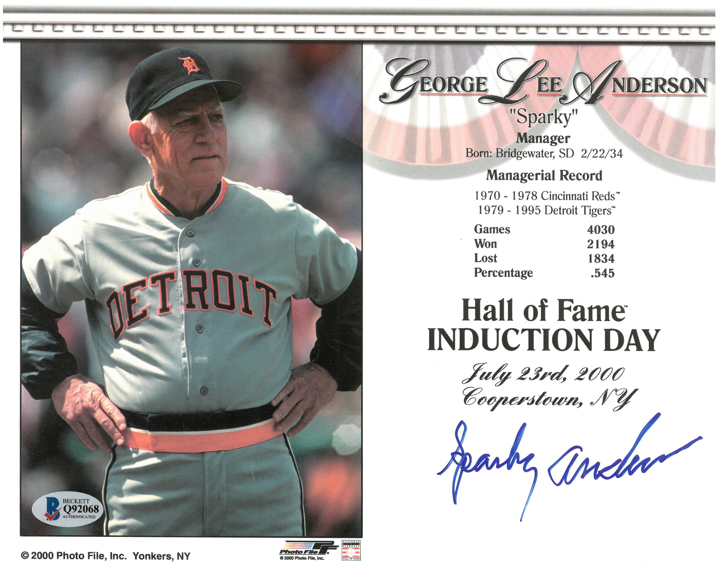 Hall of Fame manager Sparky Anderson born