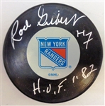 Rod Gilbert Autographed Rangers Puck w/ HOF
