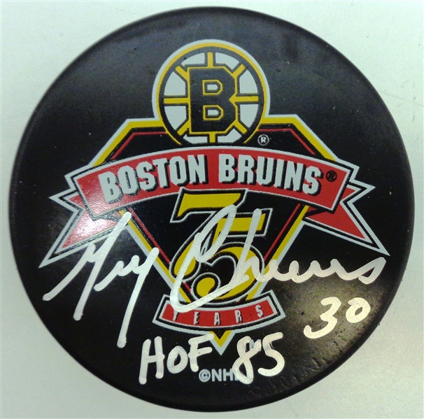 Gerry Cheevers Autographed Bruins 75th Puck w/ HOF