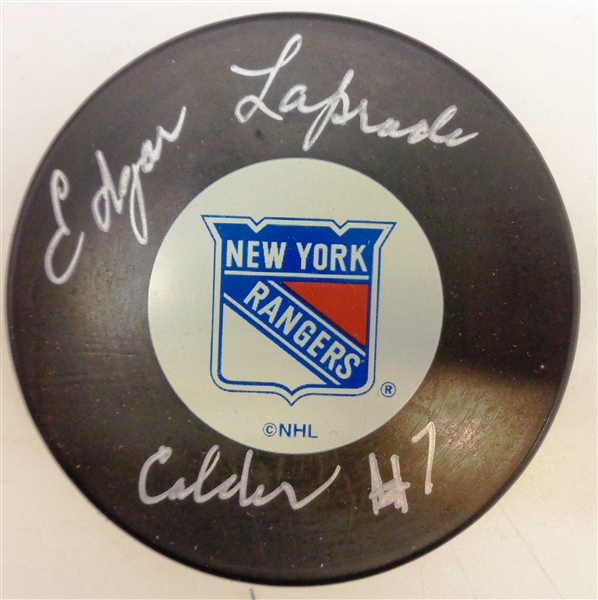 Edgar Laprade Autographed Rangers Puck w/ Calder